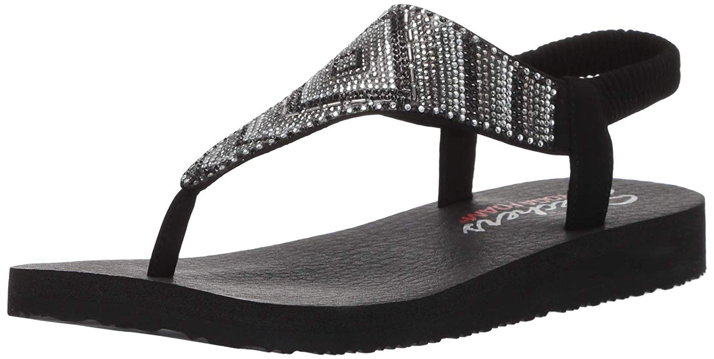 Skechers Women's Meditation-Gypsy Glam-Hooded Aztec Rhinestone Slingback Thong Sandals, Black, 5 M US