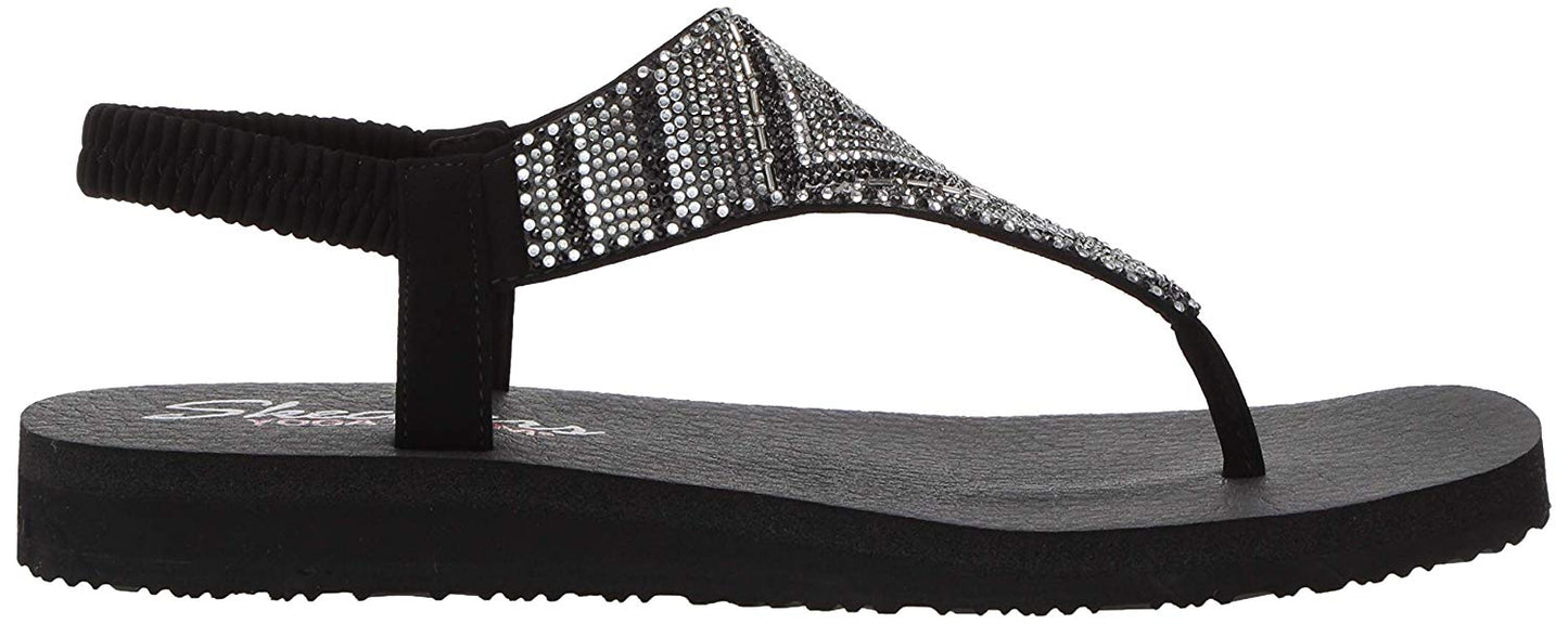 Skechers Women's Meditation-Gypsy Glam-Hooded Aztec Rhinestone Slingback Thong Sandals, Black, 5 M US