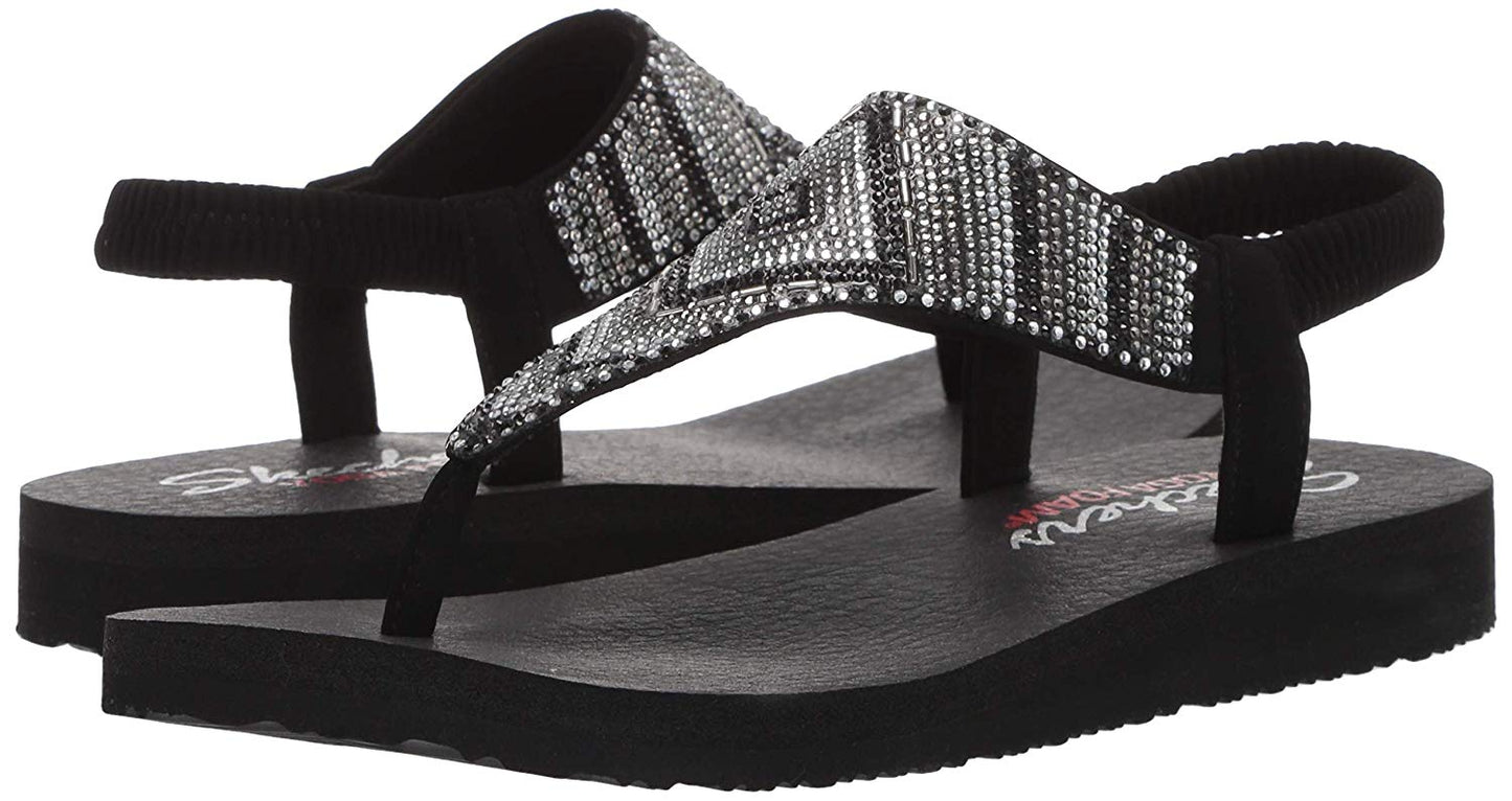 Skechers Women's Meditation-Gypsy Glam-Hooded Aztec Rhinestone Slingback Thong Sandals, Black, 5 M US