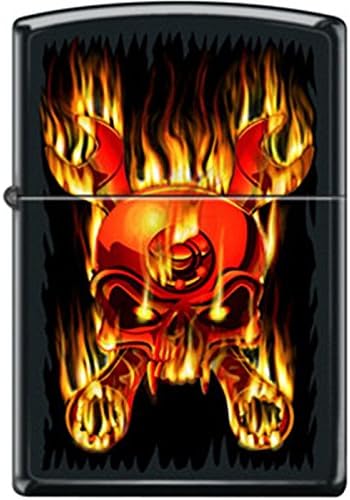 Zippo Flaming Wrenched Skull Black Matte Lighter 28925