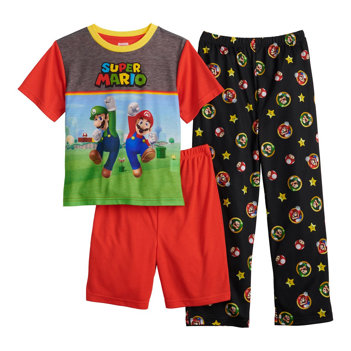 Nintendo Super Mario Boys' Top, Shorts & Pants Pajama Set
