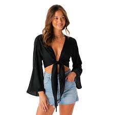 Lotus and Luna Bell Sleeve Tie Crop Top, Black, OS