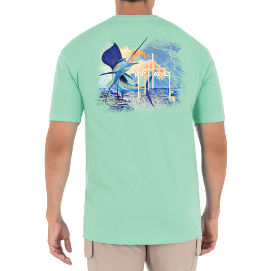 Guy Harvey Men's Sunset Sailfish T-Shirt No Pocket, Beach Glass,3XL