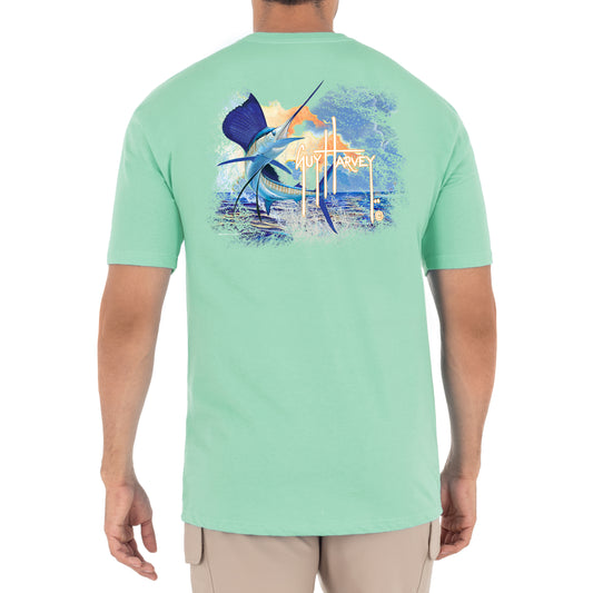 Guy Harvey Men's Sunset Sailfish T-Shirt No Pocket, Beach Glass, M