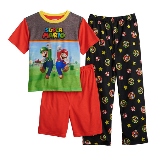 Nintendo Super Mario Boys' Top, Shorts & Pants Pajama Set