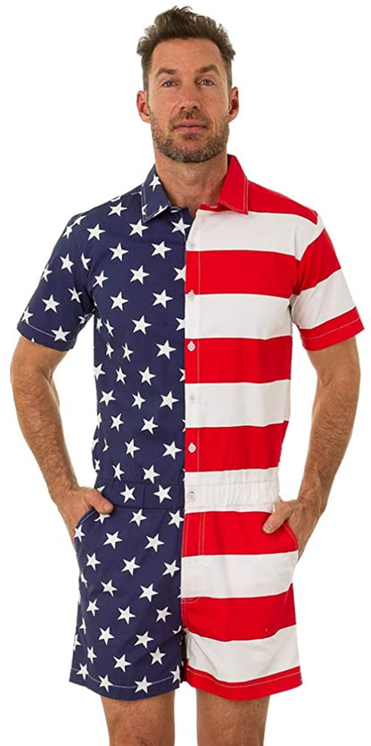 UZZI Men's Romper American Flag One Piece Casual USA Short Sleeve Jumpsuit Overalls