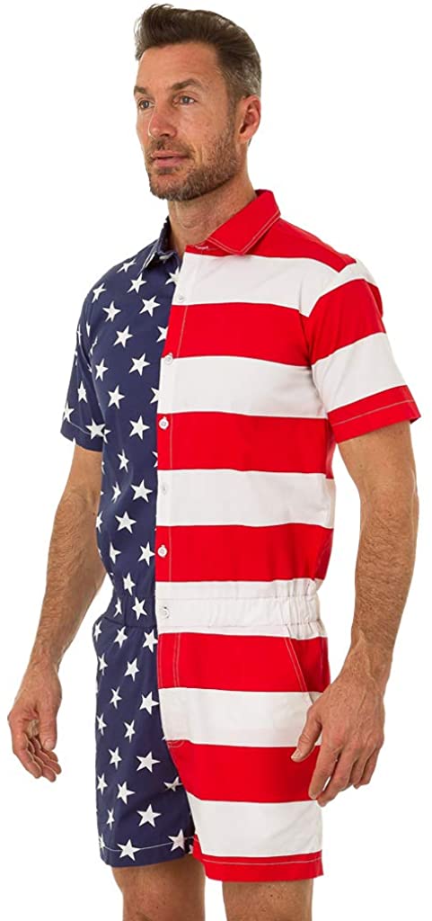 UZZI Men's Romper American Flag One Piece Casual USA Short Sleeve Jumpsuit Overalls