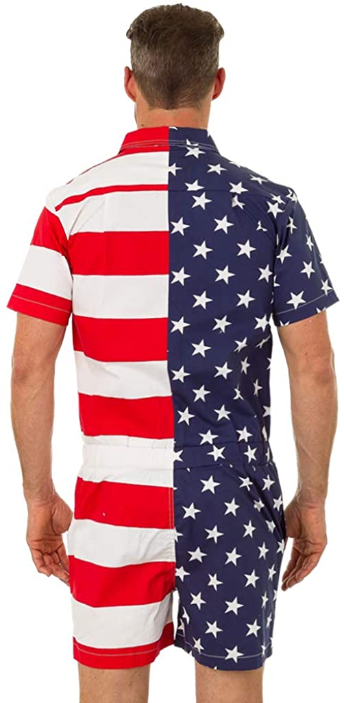 UZZI Men's Romper American Flag One Piece Casual USA Short Sleeve Jumpsuit Overalls