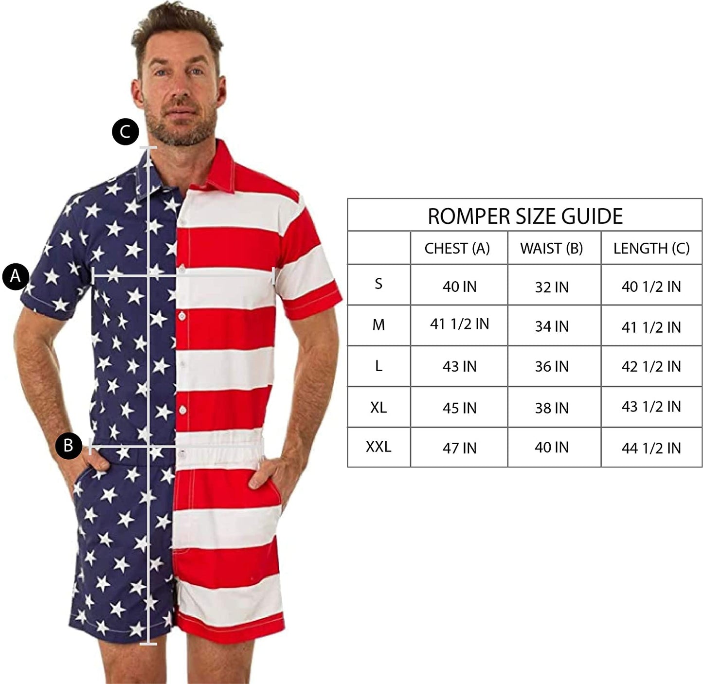 UZZI Men's Romper American Flag One Piece Casual USA Short Sleeve Jumpsuit Overalls