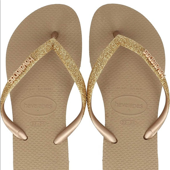 Havaianas Women's Slim Glitter Flip Flop Sandal, Rose Gold, 37/38 BR/7-8 M US